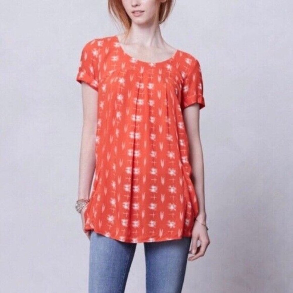 Anthropologie HOLDING HORSES Tunic Top Blouse Size XS Orange Print Rayon EUC